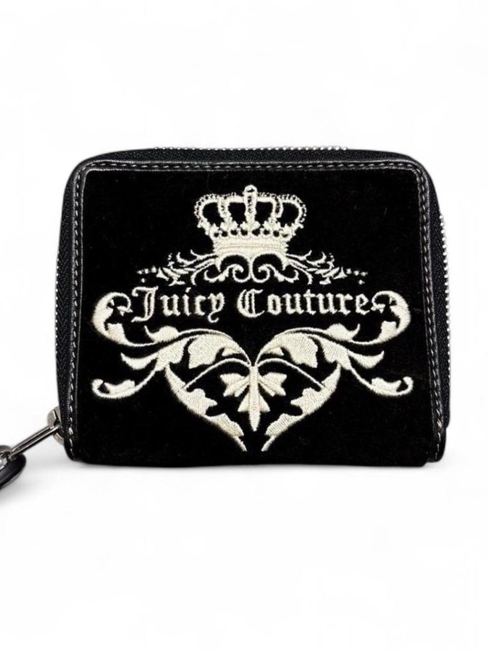 Juicy Couture Black Leather Zip-Around Wallet with Cream Crest Lining